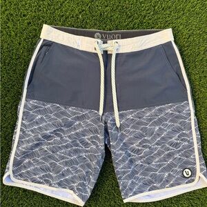 Vuori Navy and White Wave-Print Board Shorts